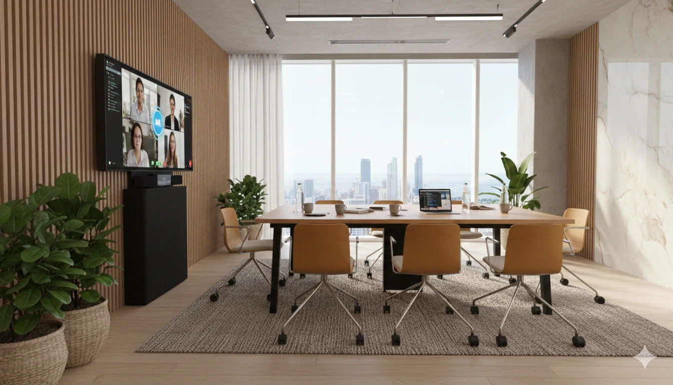 Videomöte i konferensrum Houston med PolyStudio och Pendax FlexPanel  med svart tyg