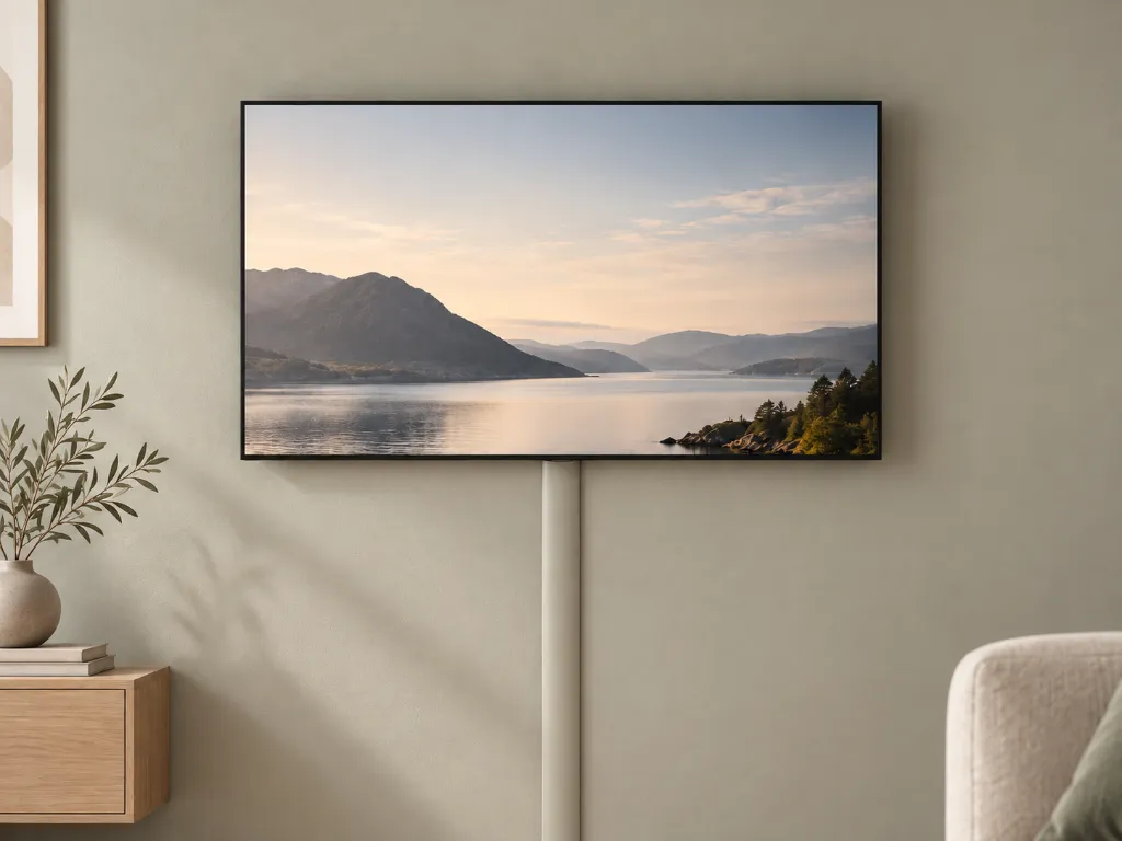 Minimalist TV-vägg med nordiskt landskap.webp